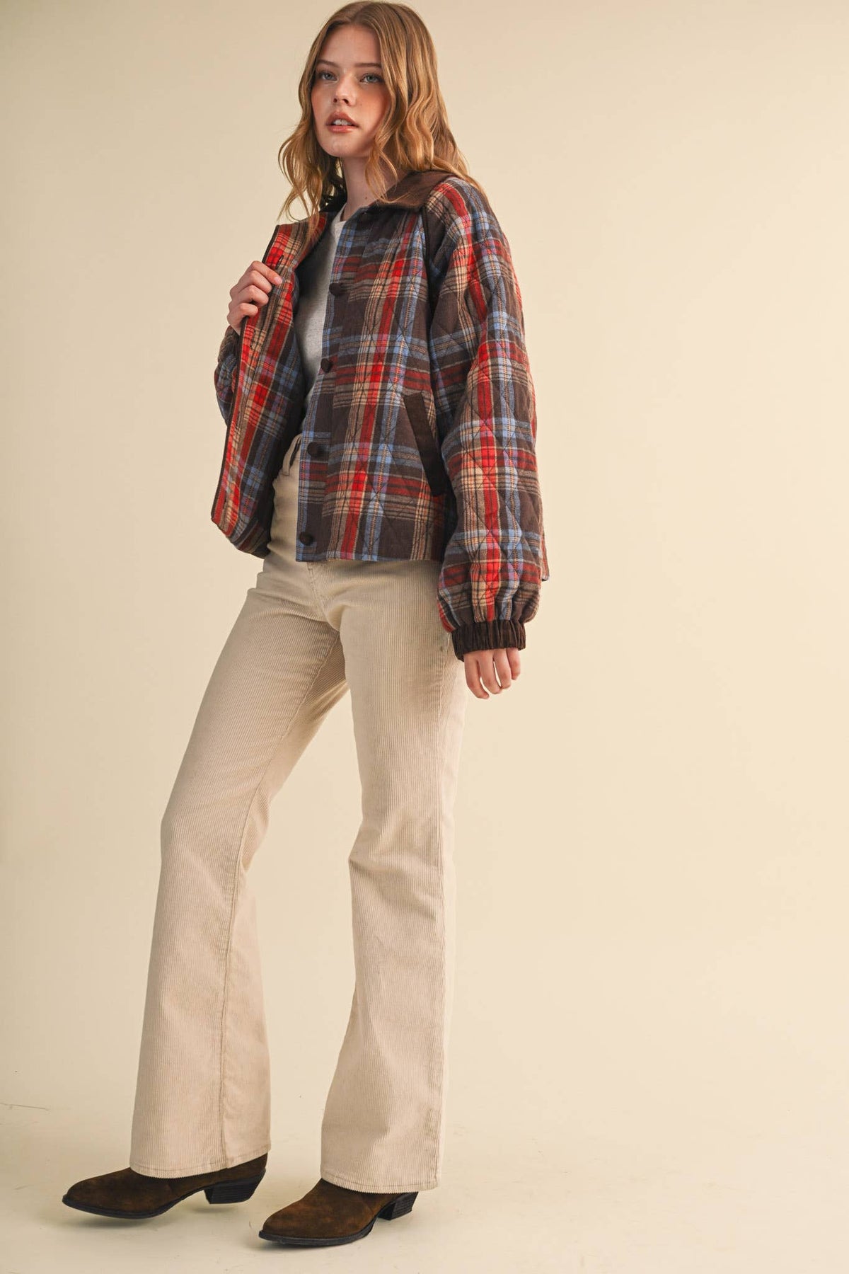 PLAID QUILTED JACKET WITH CONTRAST CORDUROY DETAIL MJK5248