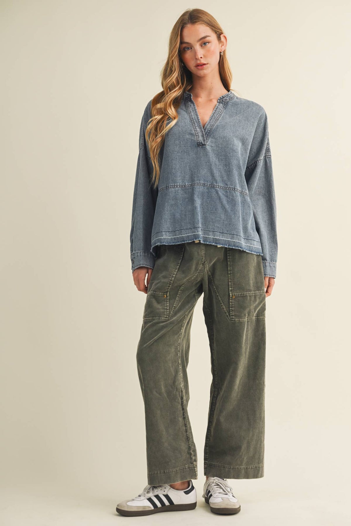 Split-Neck Frayed Edge Denim Blouse