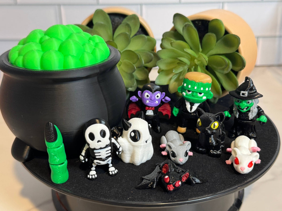 Halloween Cauldron Bundle (Includes 10 Minis!) • Mini 3D Printed Articulated Animal • Flexi Animals