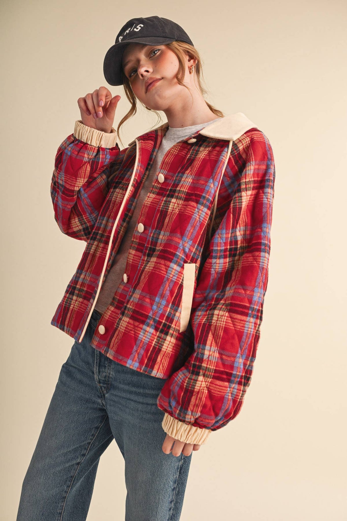 PLAID QUILTED JACKET WITH CONTRAST CORDUROY DETAIL MJK5248
