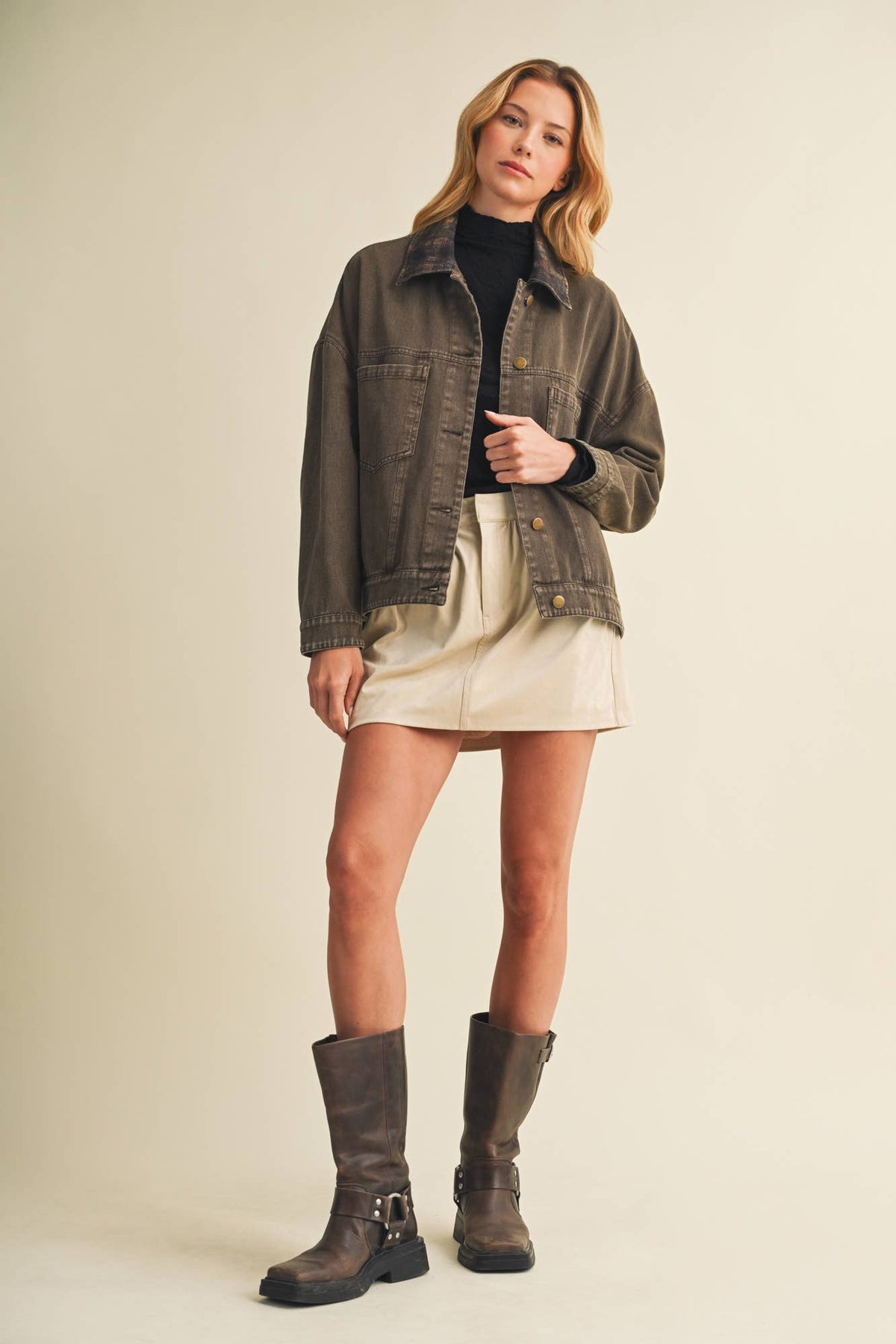 Plaid Collar Vintage Washed Jacket