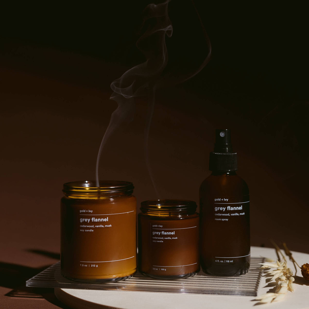 Grey flannel soy candle - cedarwood, vanilla, musk