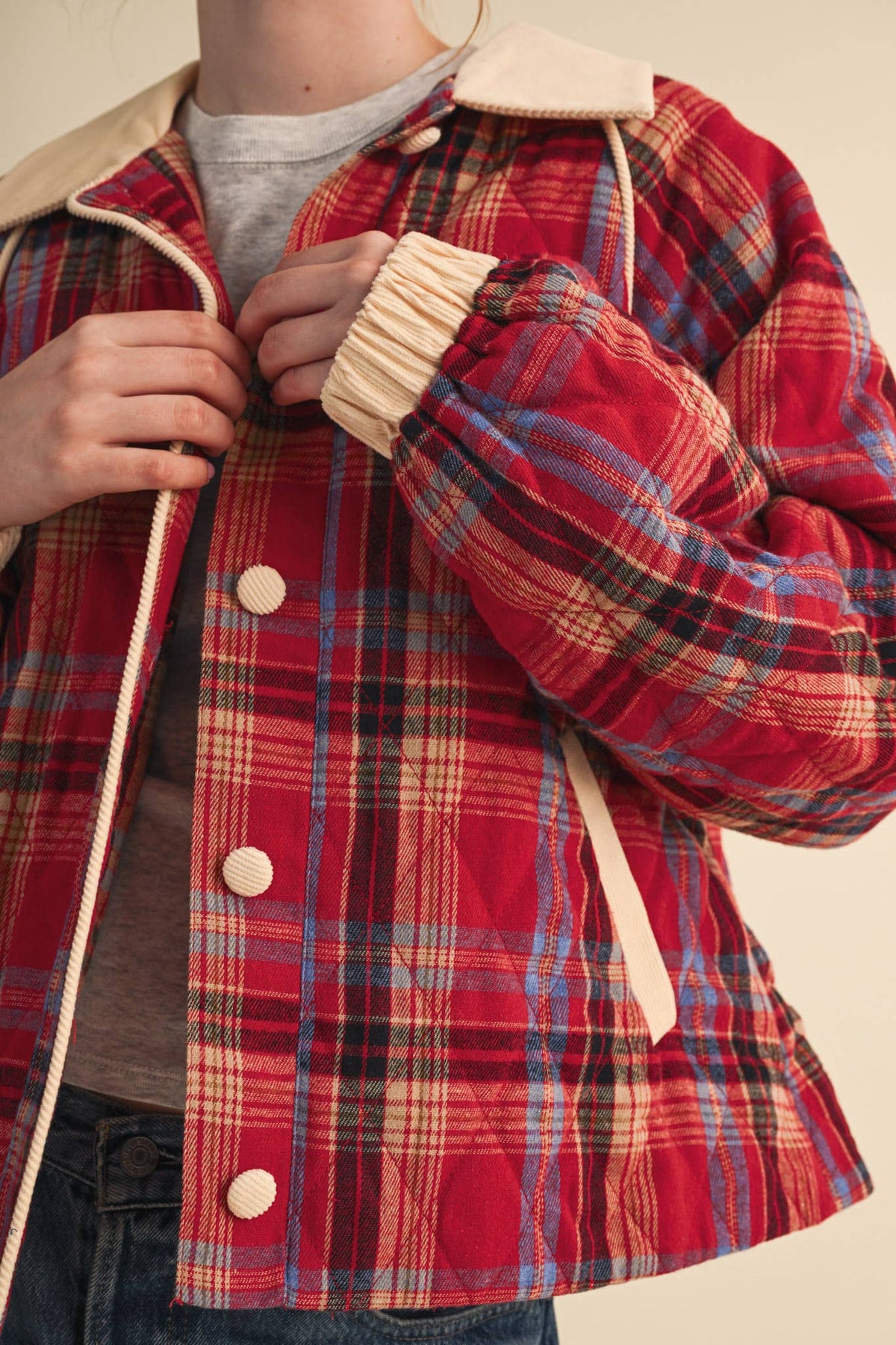 PLAID QUILTED JACKET WITH CONTRAST CORDUROY DETAIL MJK5248