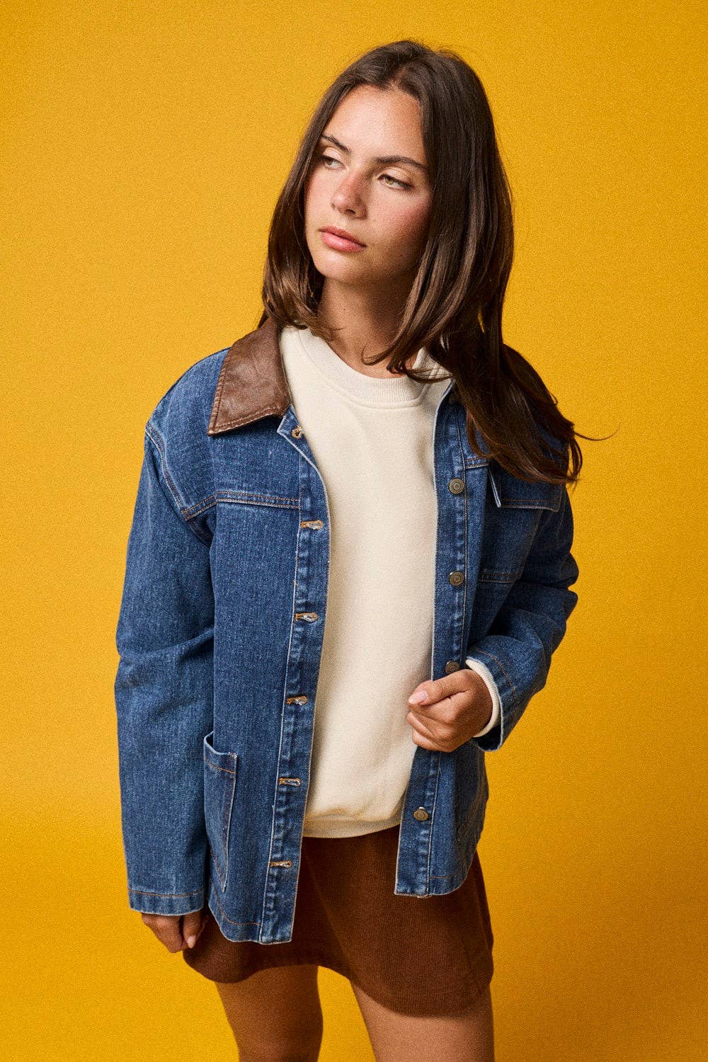 Washed denim contrast w/ suede collar Jacket
