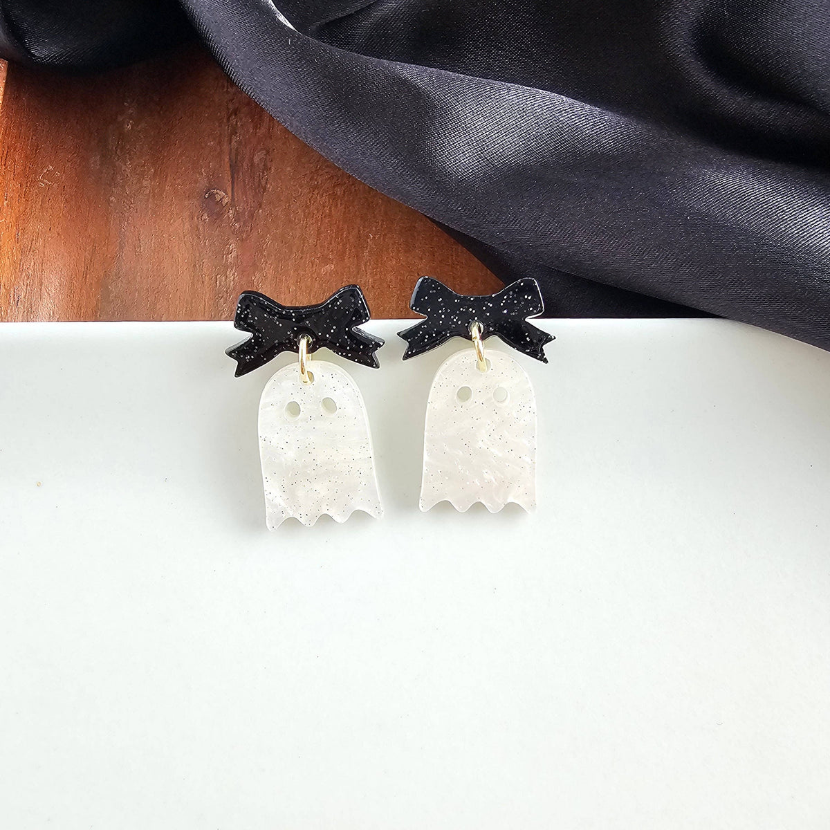 Mini Bow Ghost Earrings - White Shimmer // Jewelry, Halloween