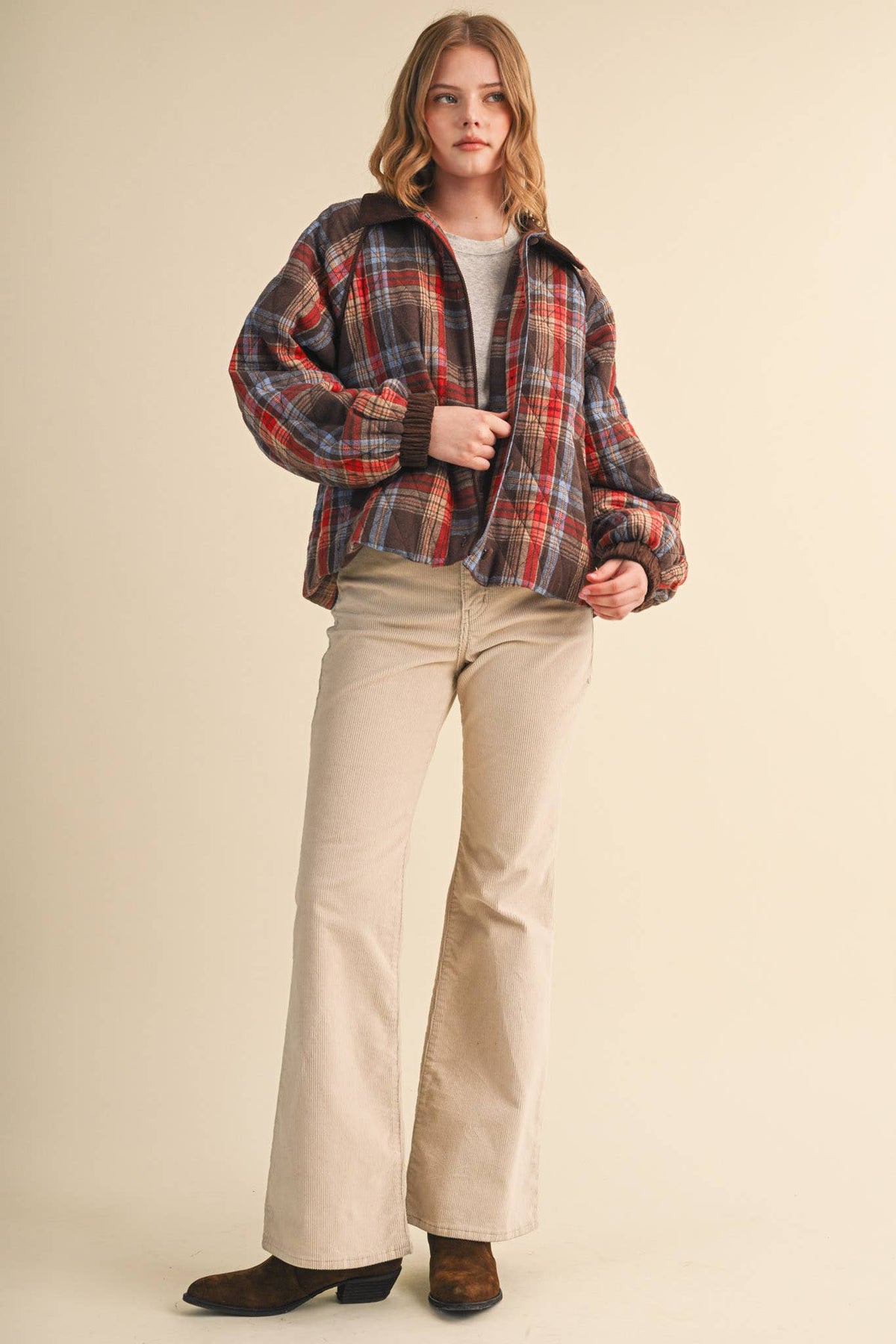 PLAID QUILTED JACKET WITH CONTRAST CORDUROY DETAIL MJK5248