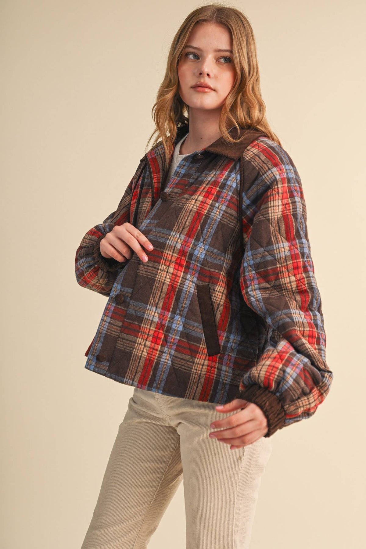 PLAID QUILTED JACKET WITH CONTRAST CORDUROY DETAIL MJK5248