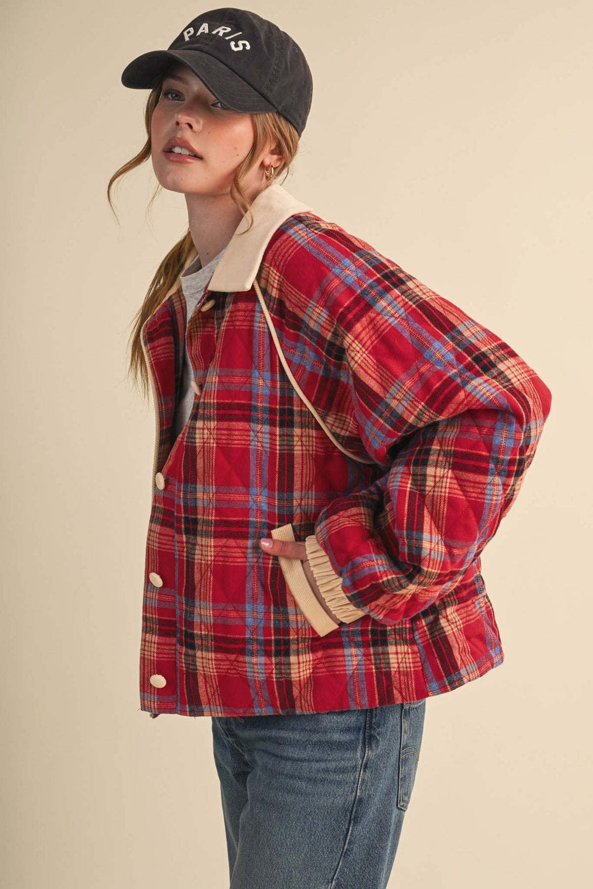 PLAID QUILTED JACKET WITH CONTRAST CORDUROY DETAIL MJK5248