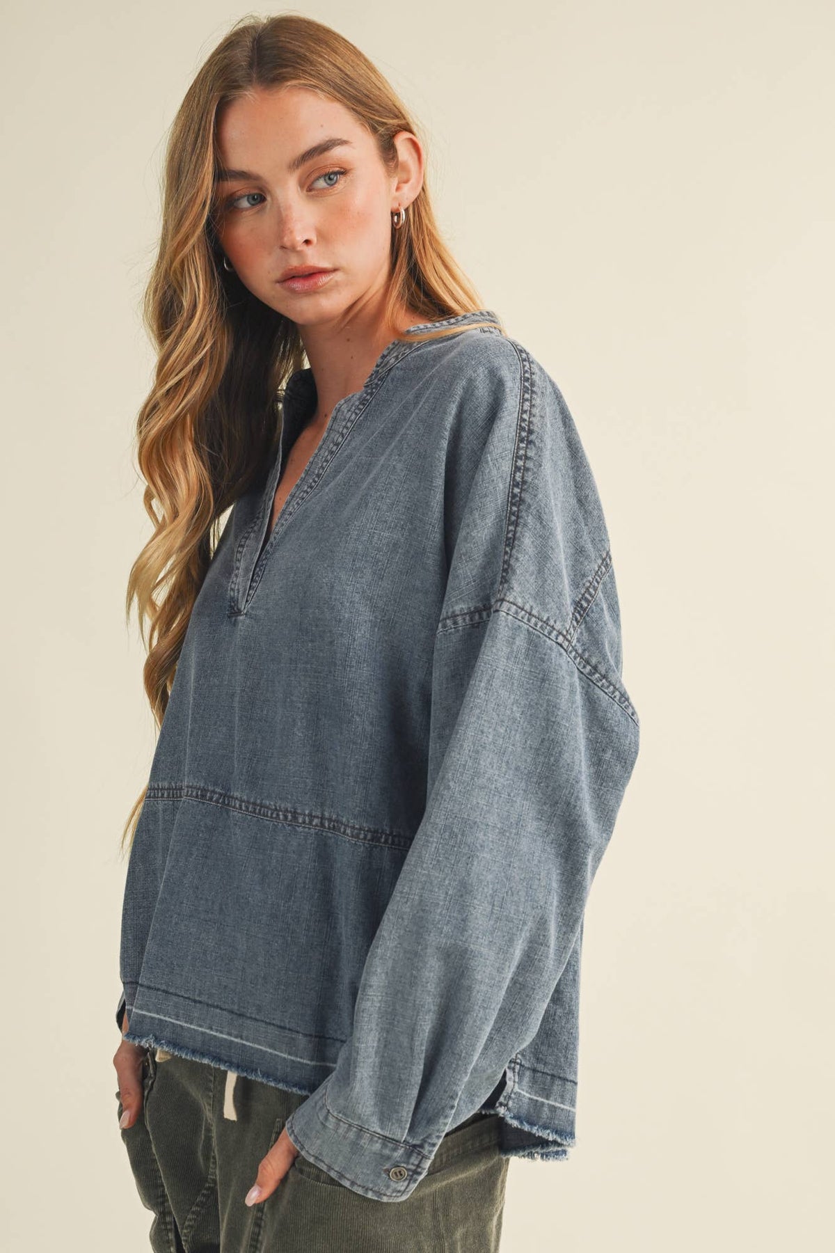 Split-Neck Frayed Edge Denim Blouse