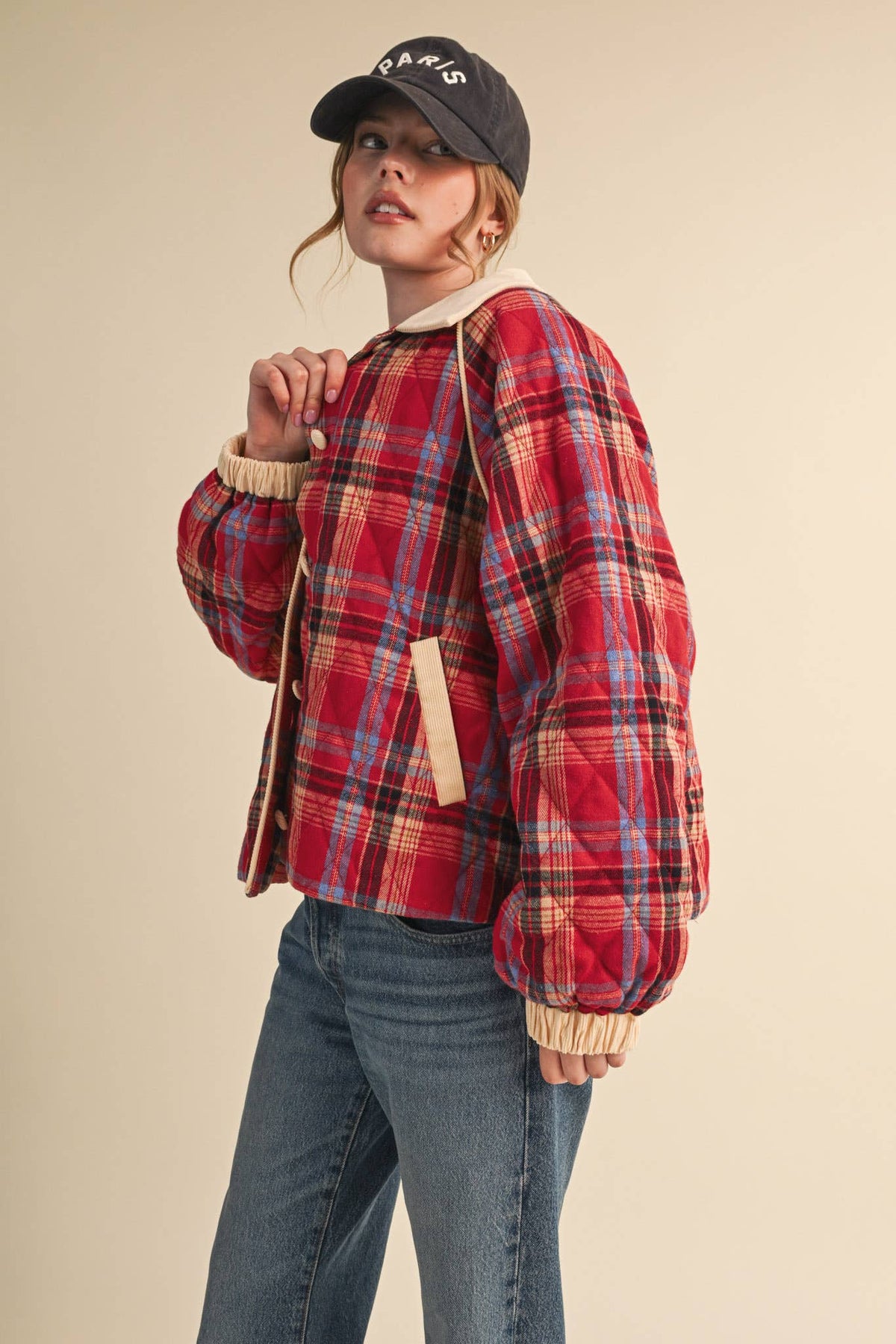 PLAID QUILTED JACKET WITH CONTRAST CORDUROY DETAIL MJK5248