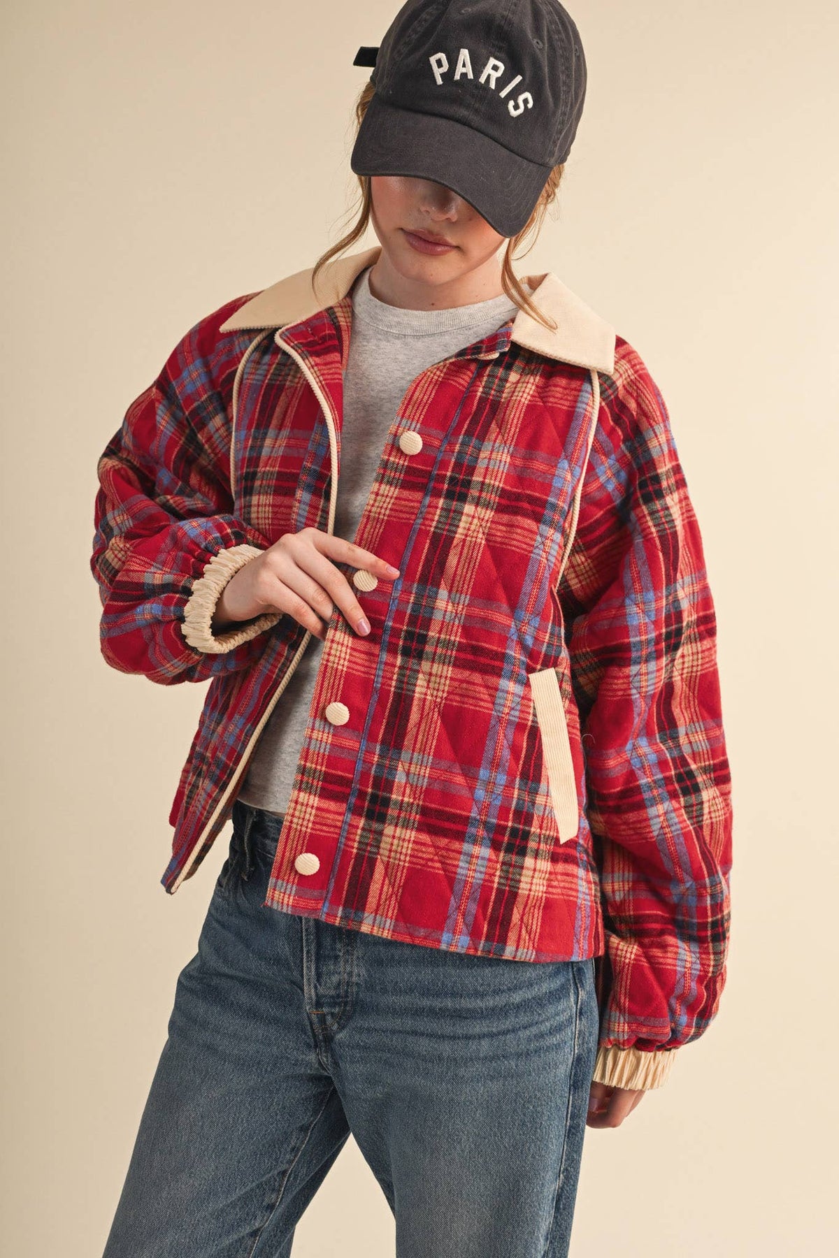 PLAID QUILTED JACKET WITH CONTRAST CORDUROY DETAIL MJK5248