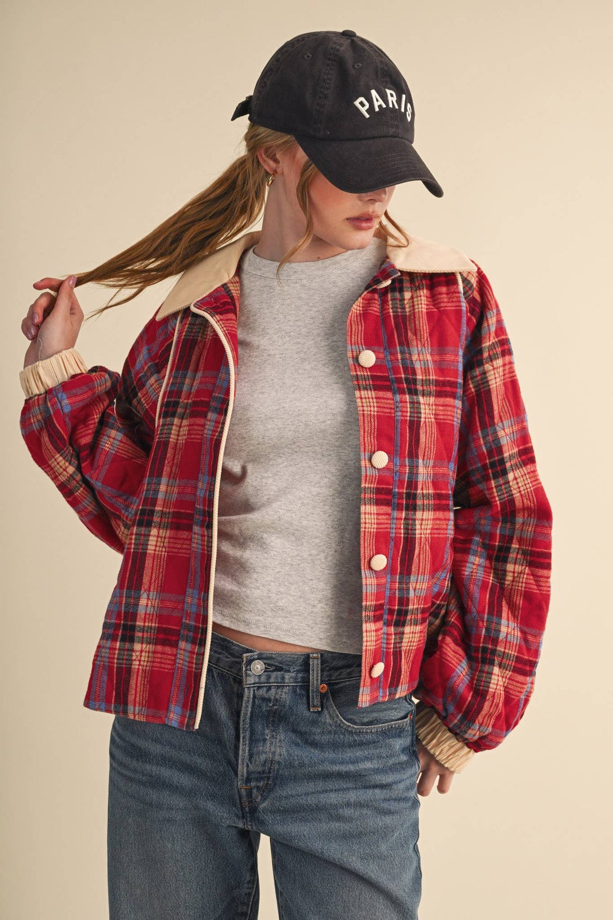 PLAID QUILTED JACKET WITH CONTRAST CORDUROY DETAIL MJK5248
