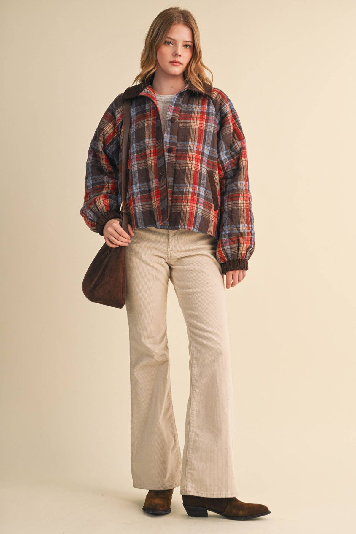 PLAID QUILTED JACKET WITH CONTRAST CORDUROY DETAIL MJK5248