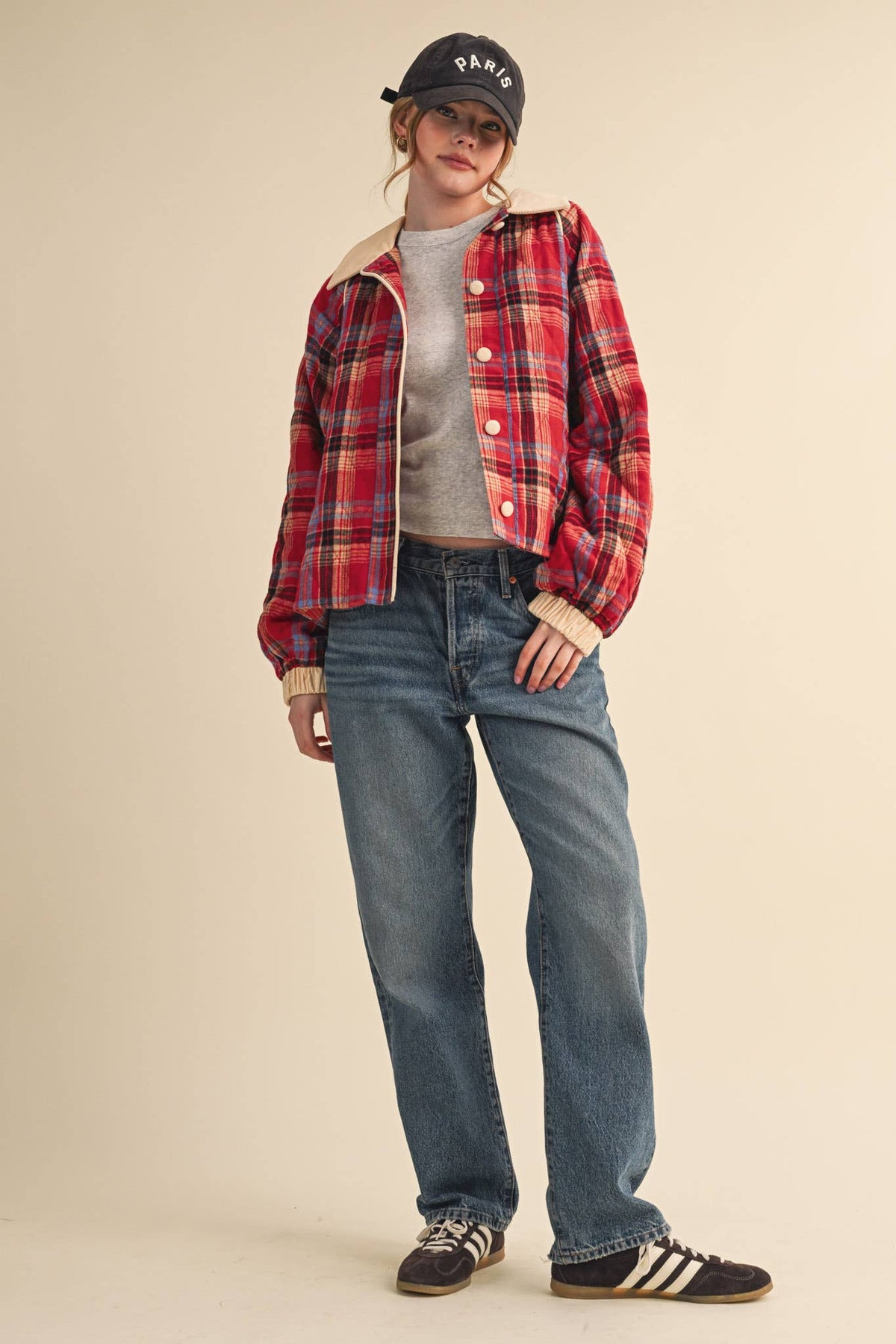 PLAID QUILTED JACKET WITH CONTRAST CORDUROY DETAIL MJK5248