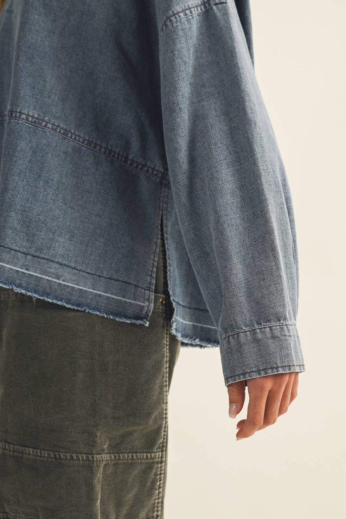 Split-Neck Frayed Edge Denim Blouse