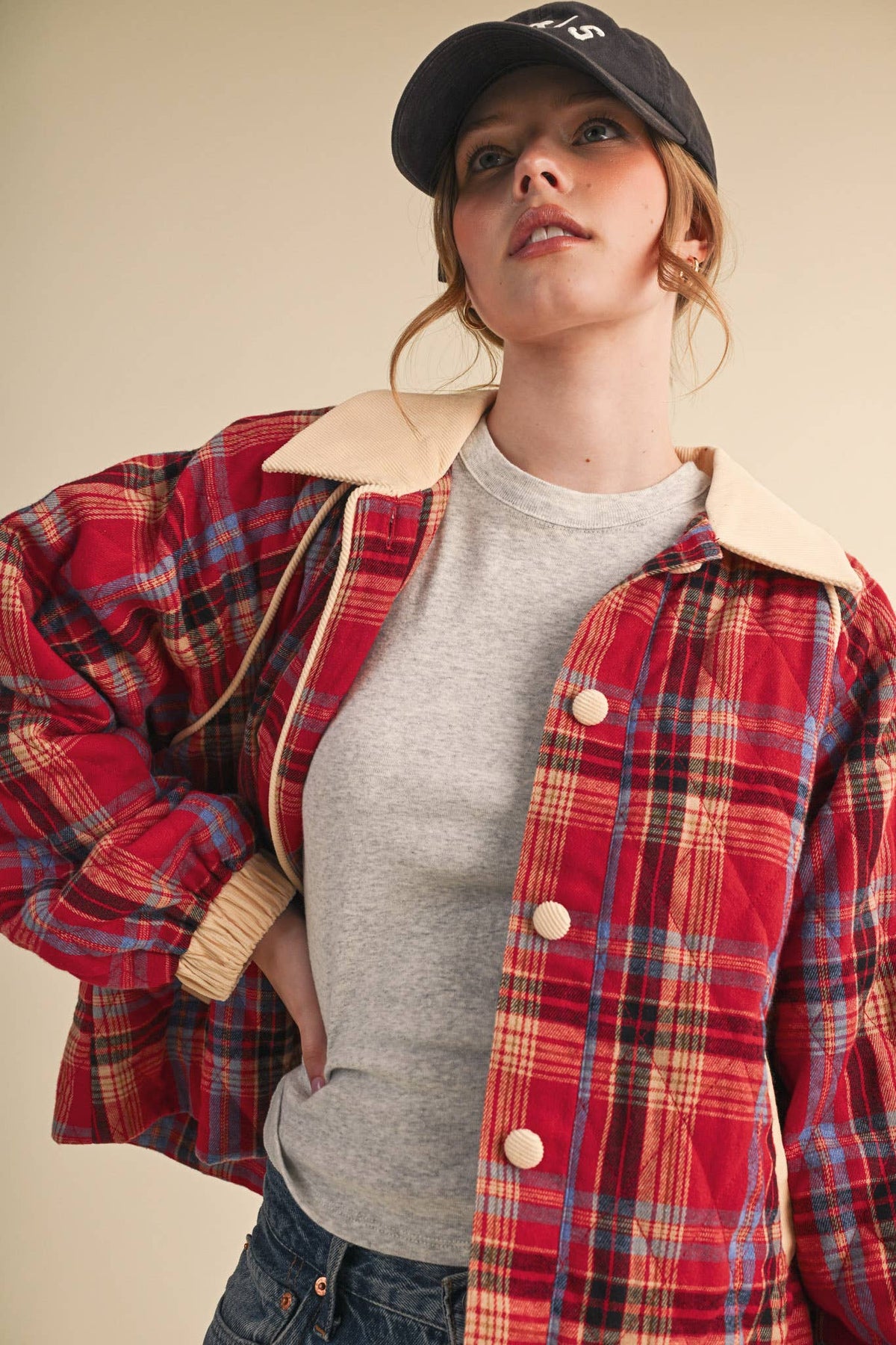 PLAID QUILTED JACKET WITH CONTRAST CORDUROY DETAIL MJK5248