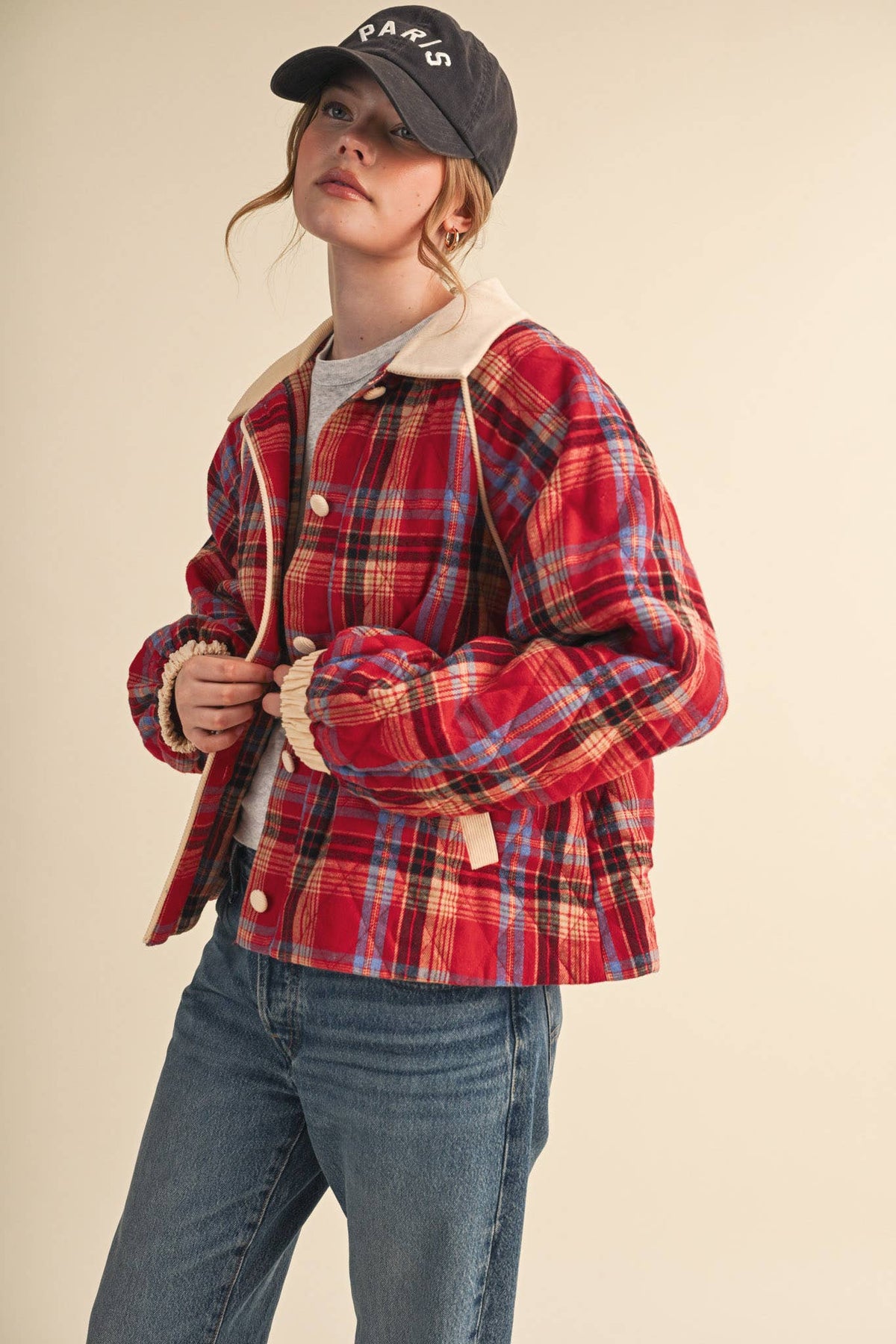 PLAID QUILTED JACKET WITH CONTRAST CORDUROY DETAIL MJK5248