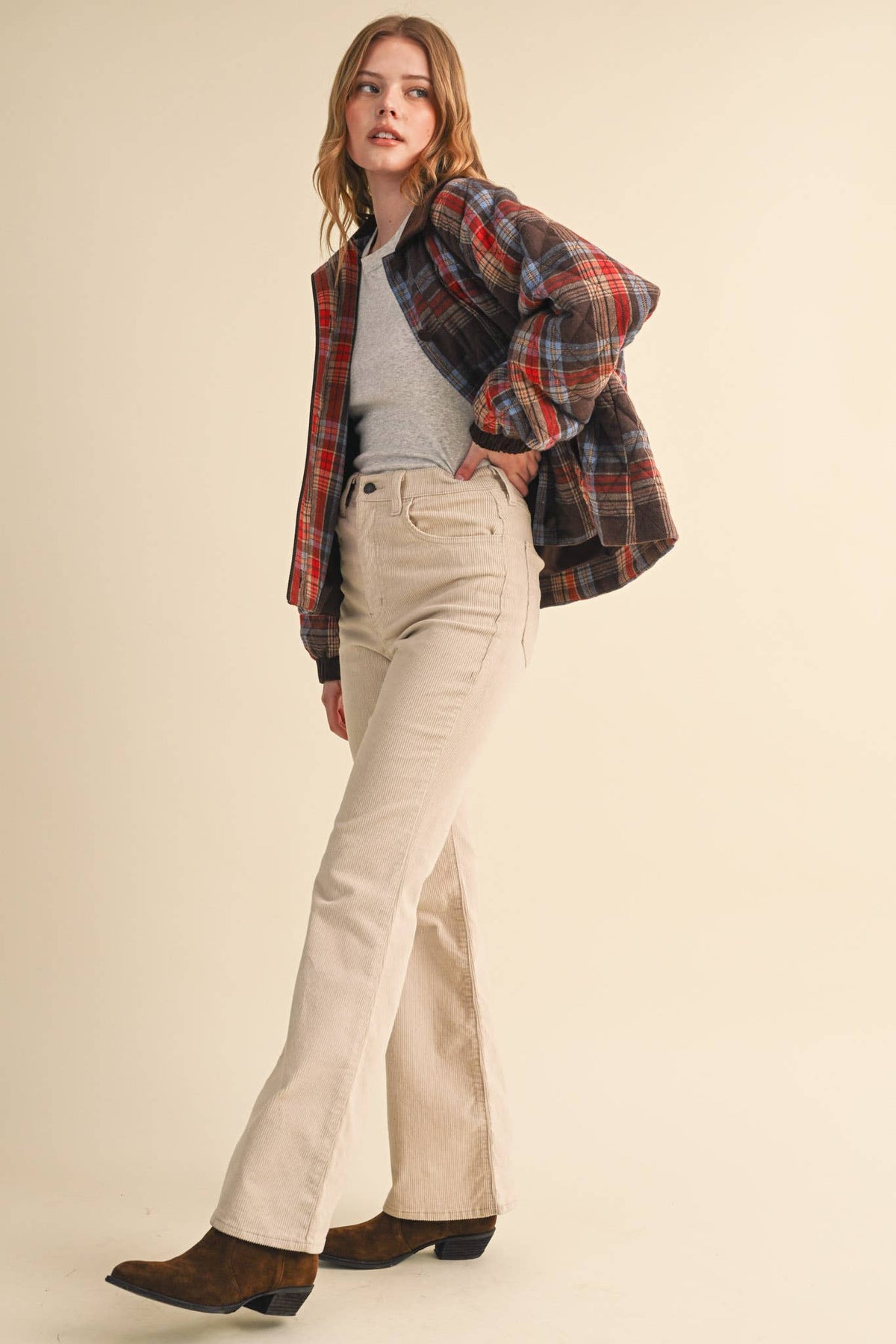 PLAID QUILTED JACKET WITH CONTRAST CORDUROY DETAIL MJK5248