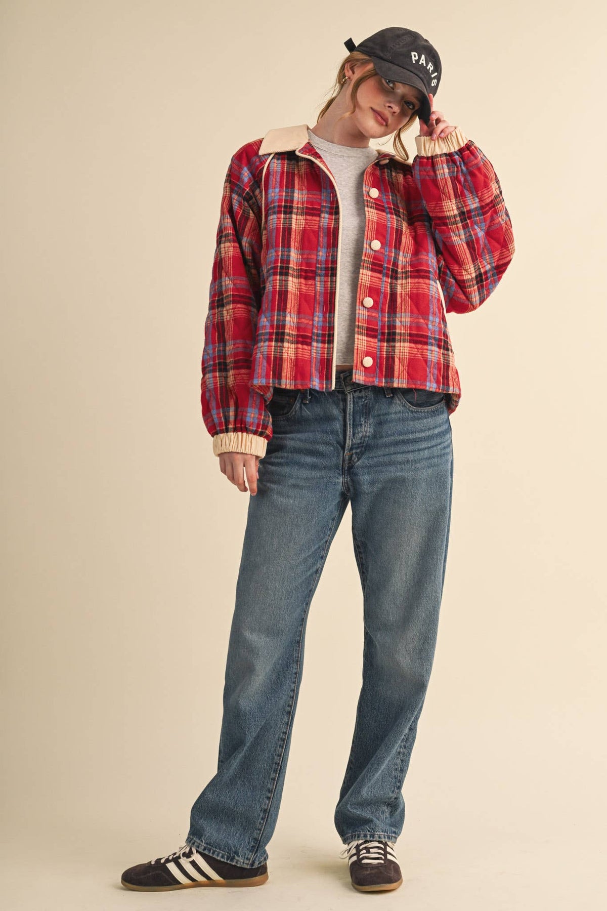 PLAID QUILTED JACKET WITH CONTRAST CORDUROY DETAIL MJK5248