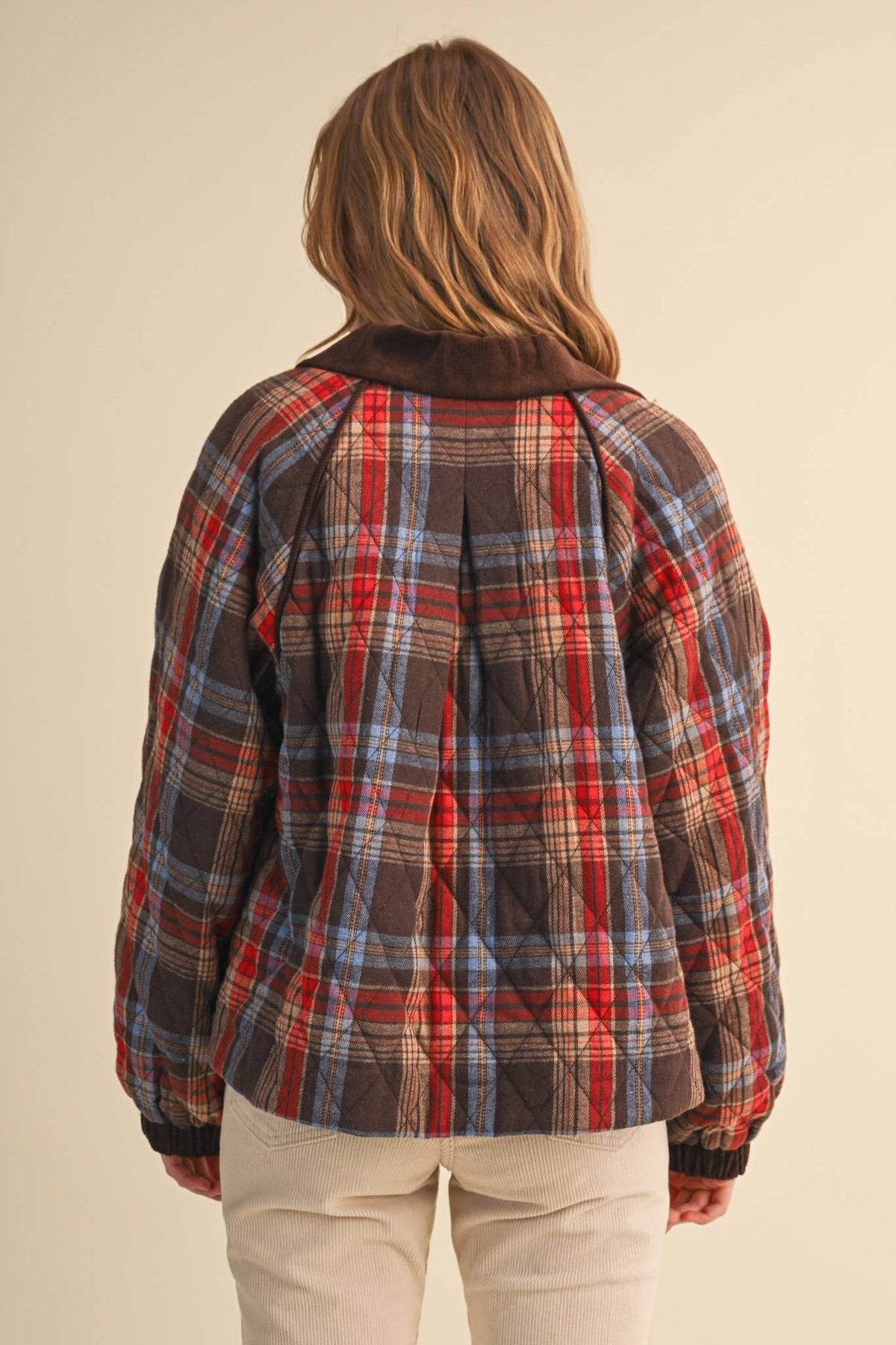 PLAID QUILTED JACKET WITH CONTRAST CORDUROY DETAIL MJK5248