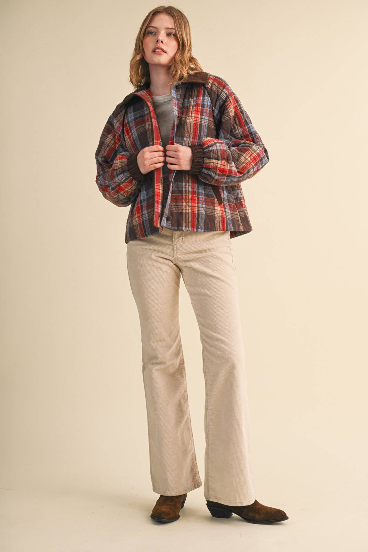 PLAID QUILTED JACKET WITH CONTRAST CORDUROY DETAIL MJK5248