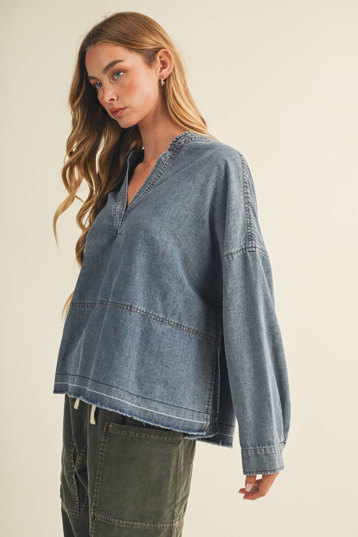 Split-Neck Frayed Edge Denim Blouse