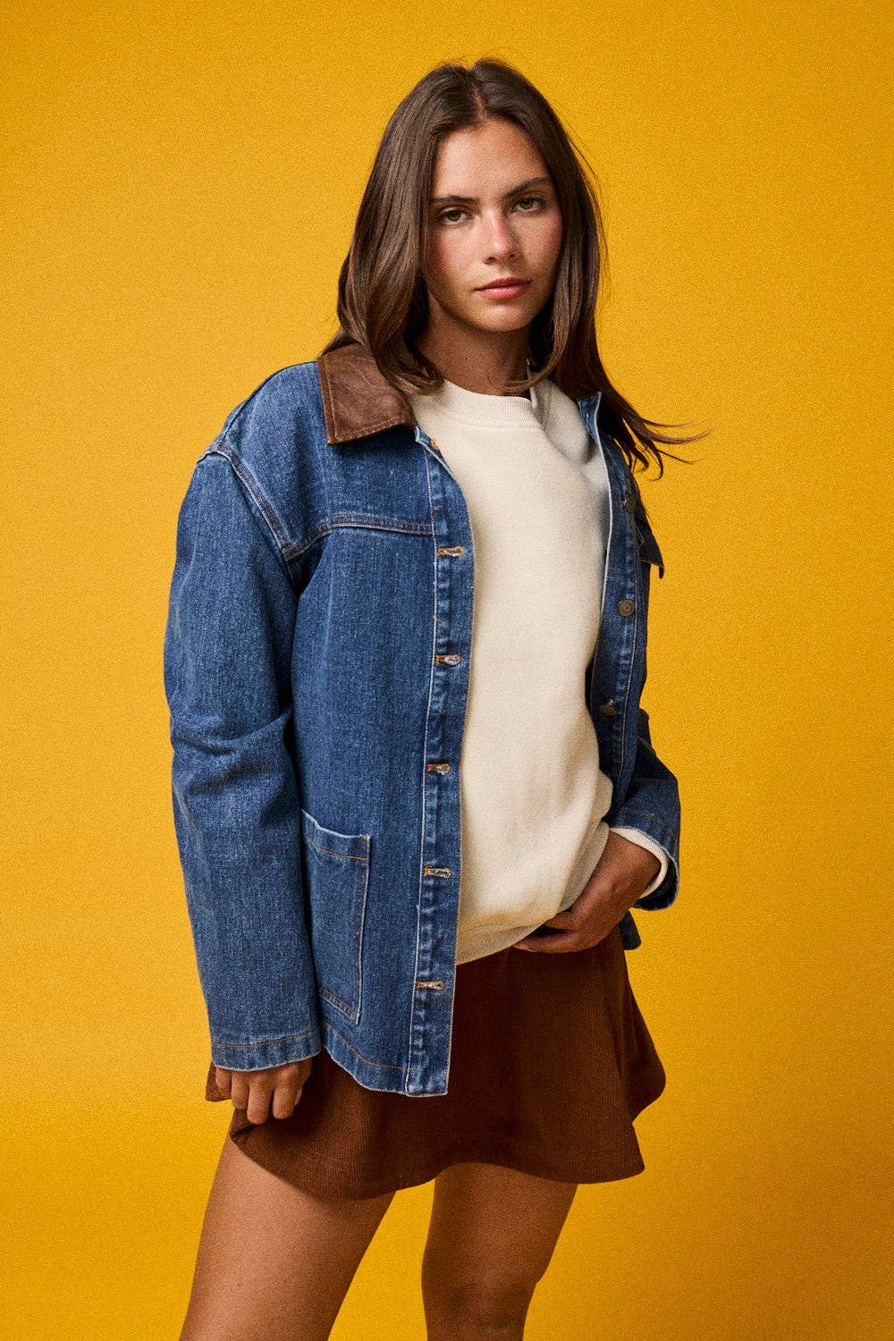 Washed denim contrast w/ suede collar Jacket