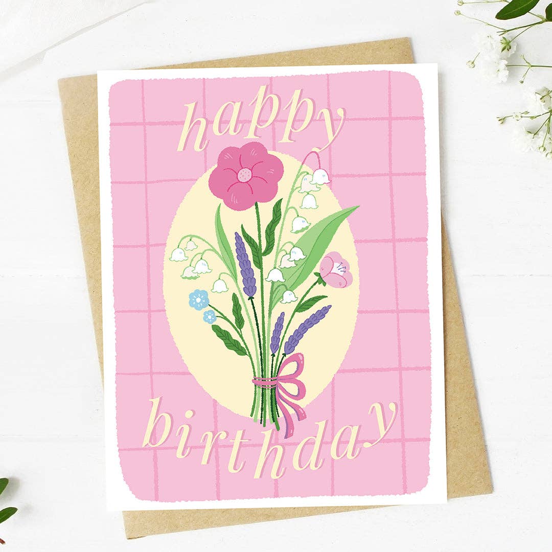 Happy Birthday Cute Hand Tied Bow & Bouquet Card