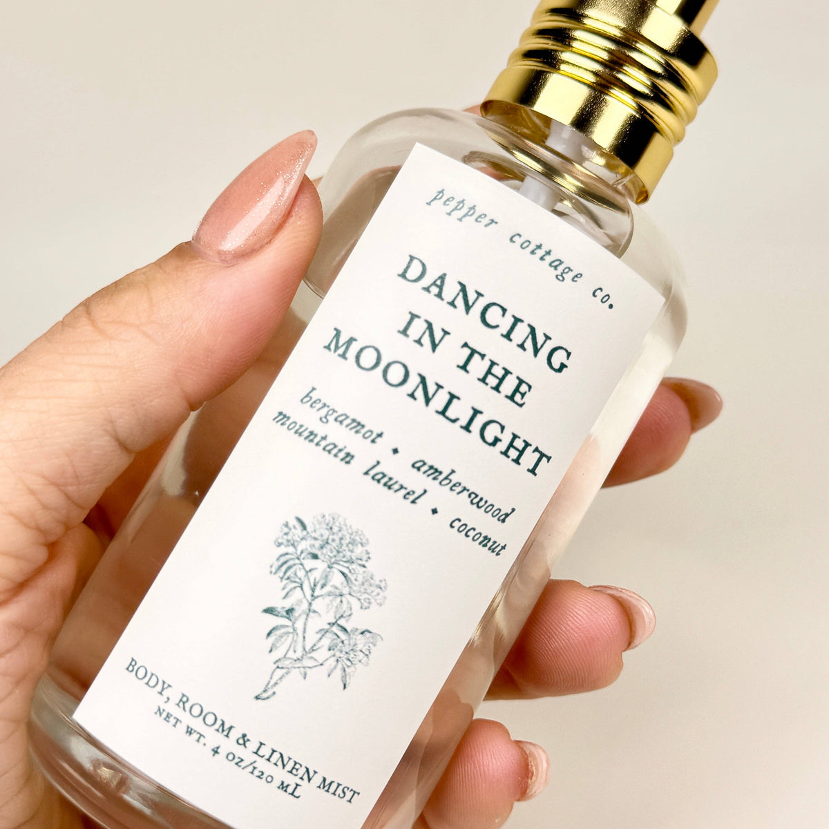 Dancing in the Moonlight 4 oz Body, Room, and Linen Mist | Bergamot, Amberwood, Mountain Laurel, Coconut| Clean, Woodsy, Floral Body & Room Mist
