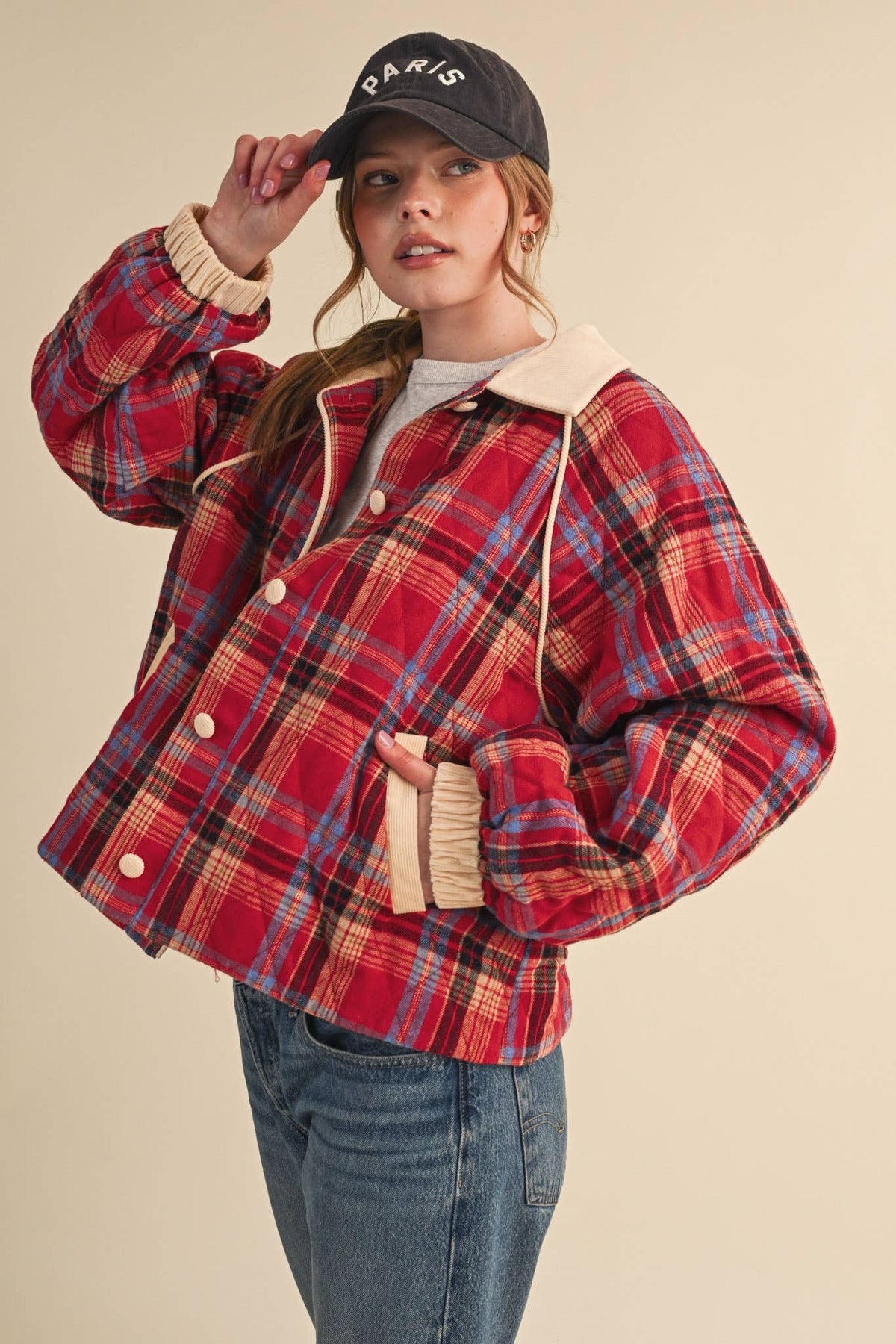 PLAID QUILTED JACKET WITH CONTRAST CORDUROY DETAIL MJK5248