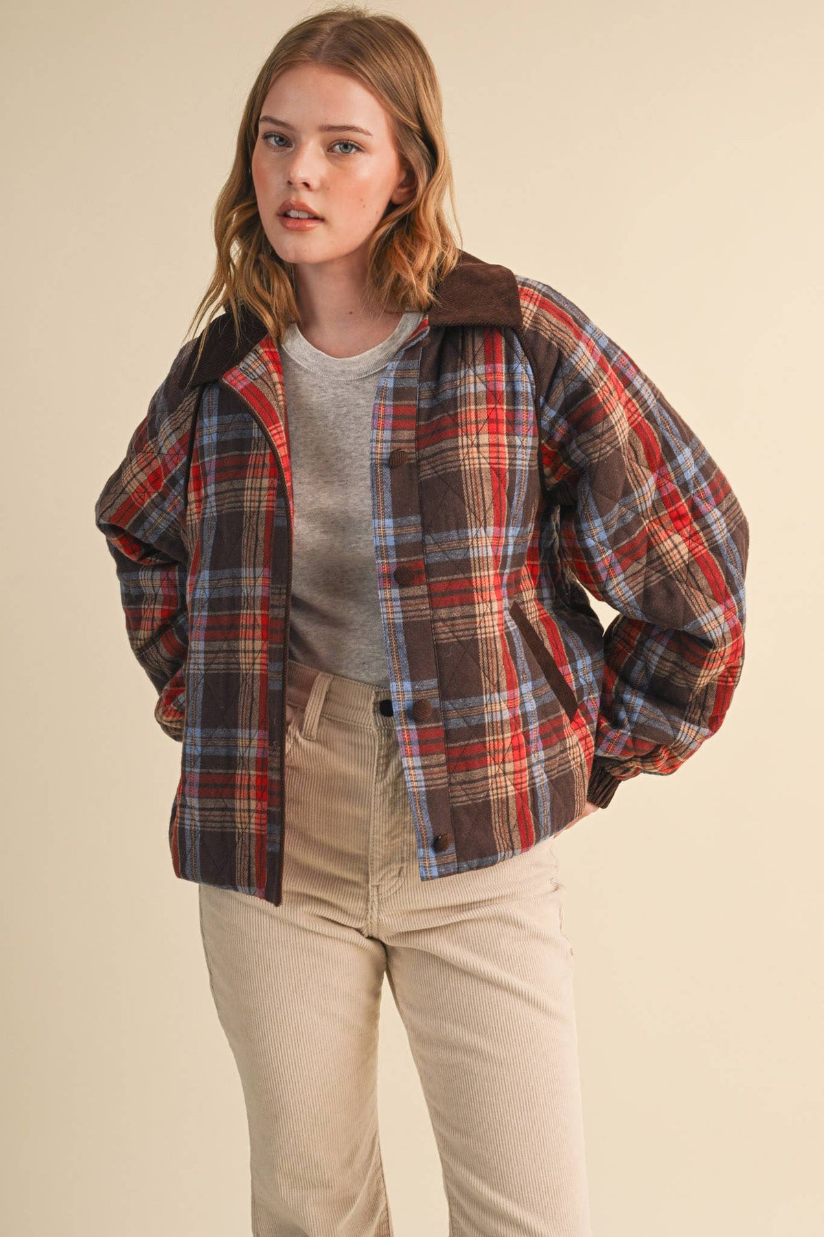 PLAID QUILTED JACKET WITH CONTRAST CORDUROY DETAIL MJK5248
