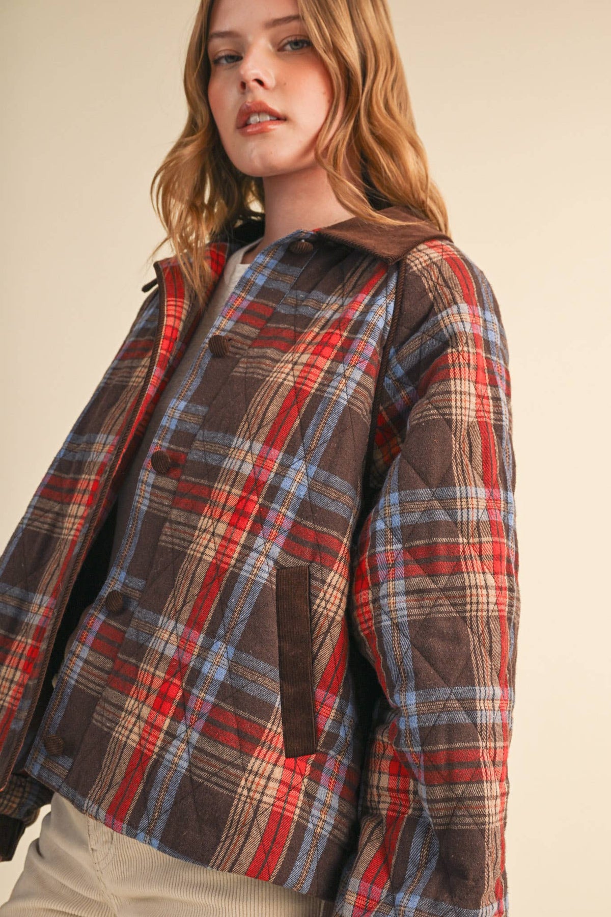 PLAID QUILTED JACKET WITH CONTRAST CORDUROY DETAIL MJK5248