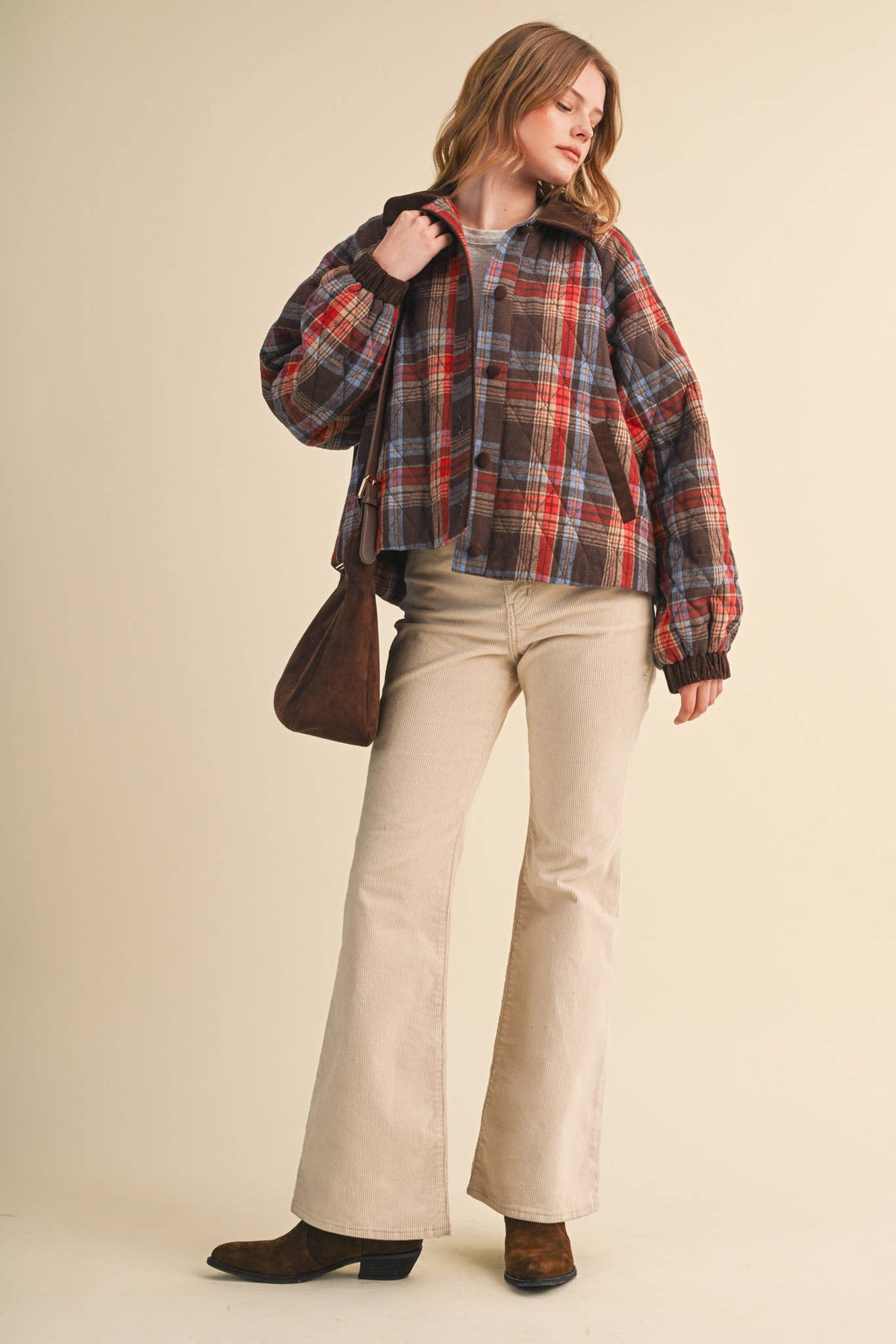 PLAID QUILTED JACKET WITH CONTRAST CORDUROY DETAIL MJK5248