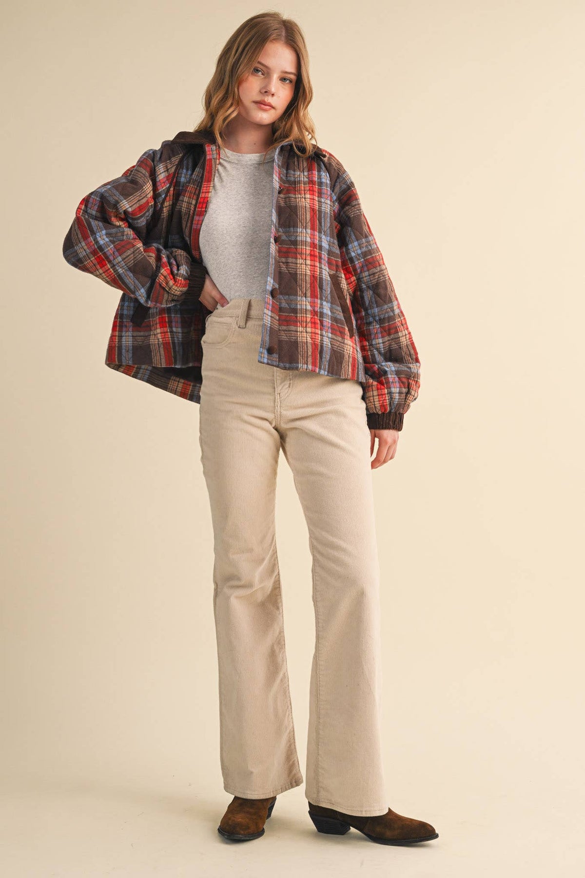 PLAID QUILTED JACKET WITH CONTRAST CORDUROY DETAIL MJK5248