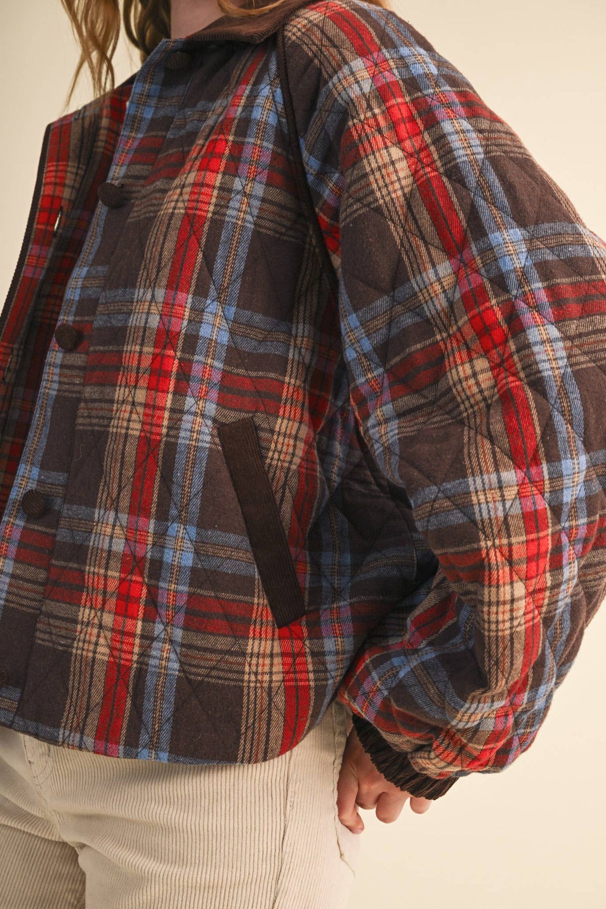 PLAID QUILTED JACKET WITH CONTRAST CORDUROY DETAIL MJK5248