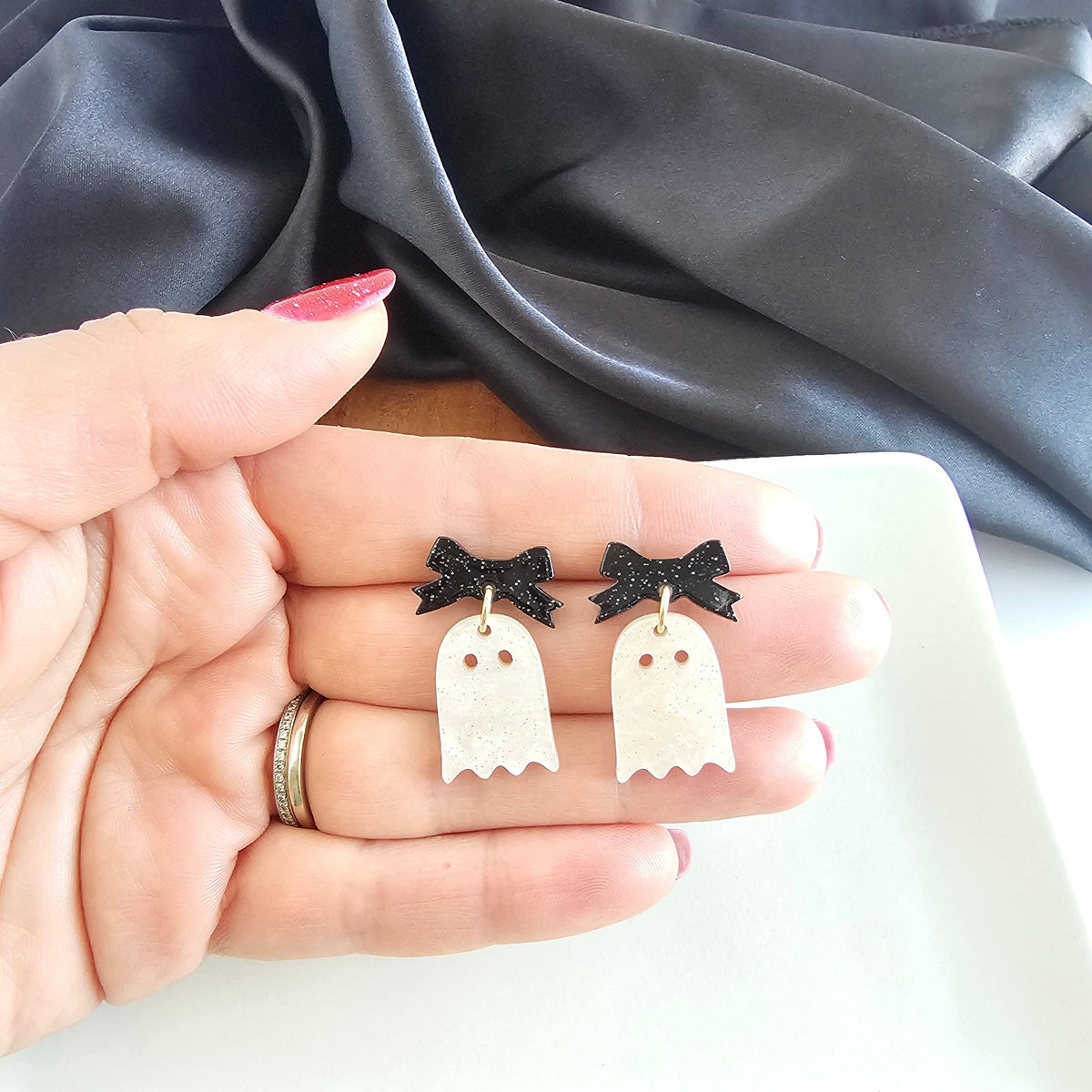 Mini Bow Ghost Earrings - White Shimmer // Jewelry, Halloween