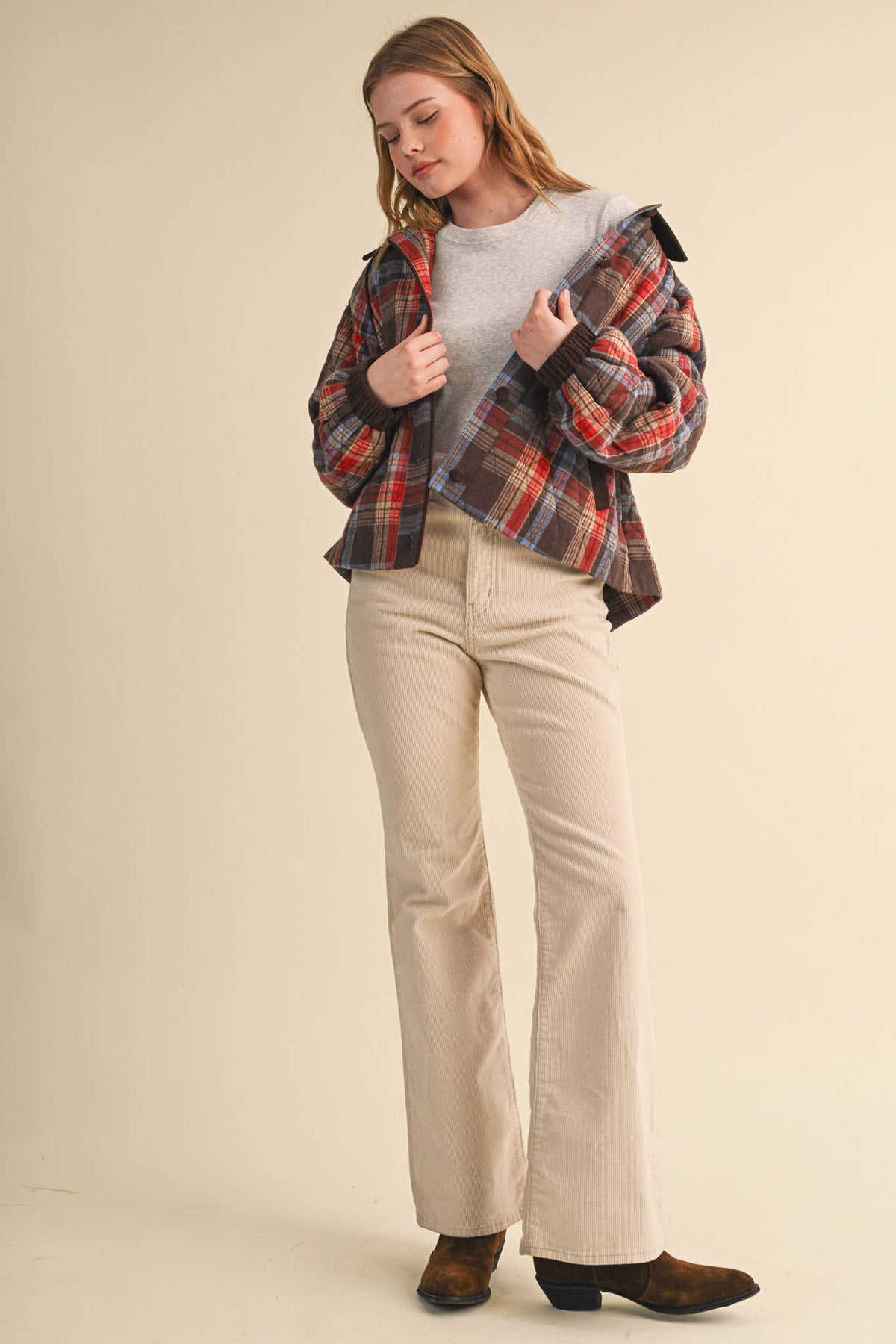 PLAID QUILTED JACKET WITH CONTRAST CORDUROY DETAIL MJK5248