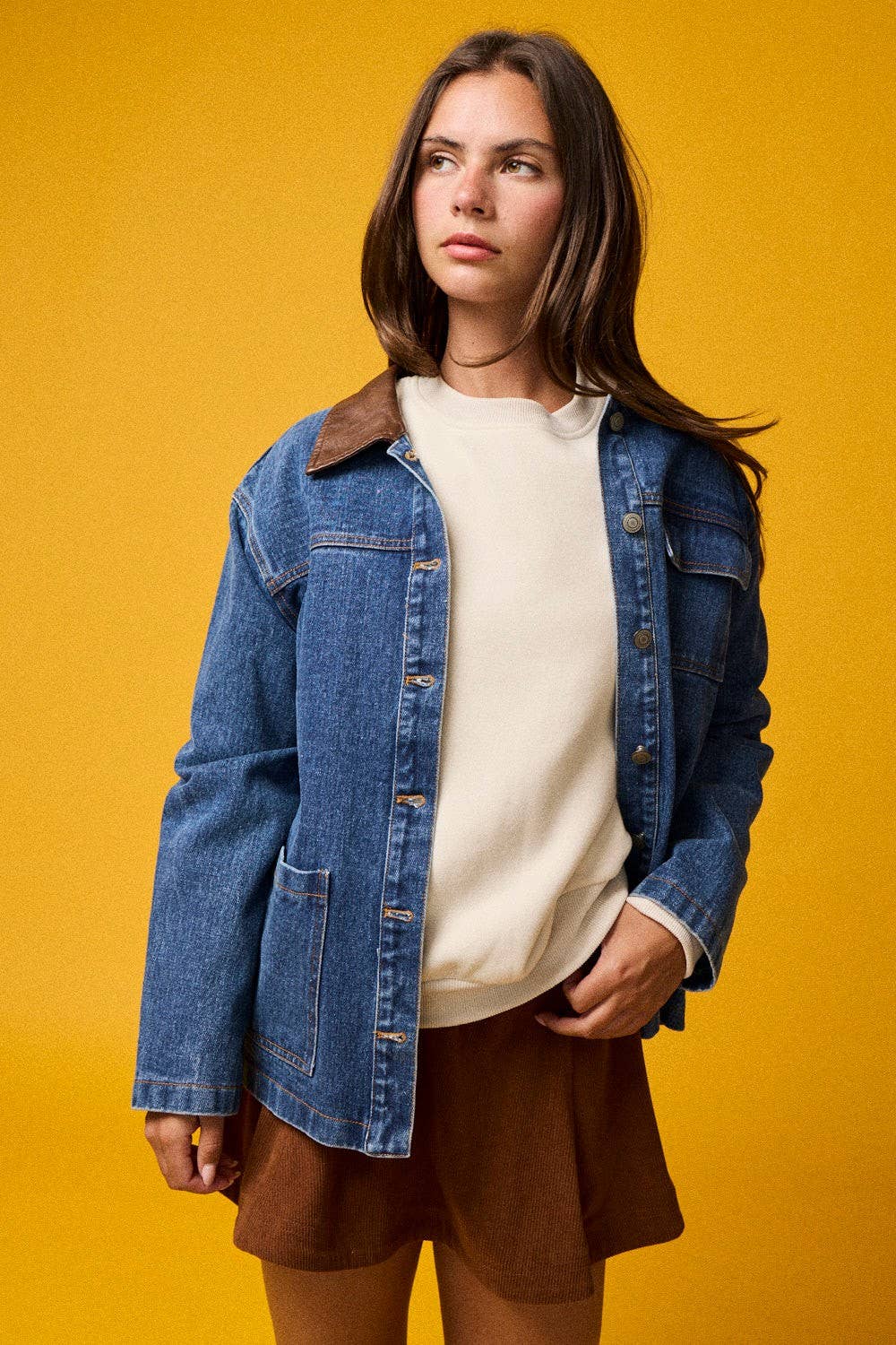 Washed denim contrast w/ suede collar Jacket